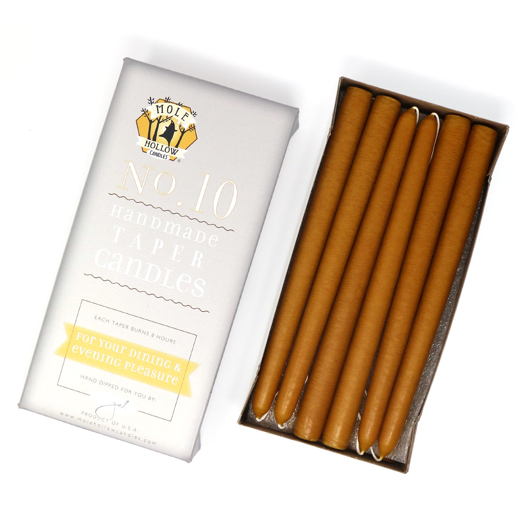 10" Dripless Taper Candles - Unscented Antique Gold - Mole Hollow Candles