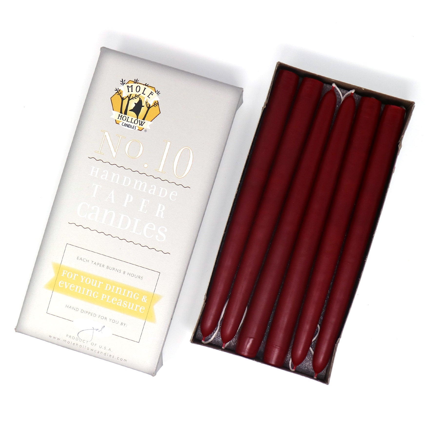 10" Dripless Taper Candles - Unscented Burgundy Red - Mole Hollow Candles