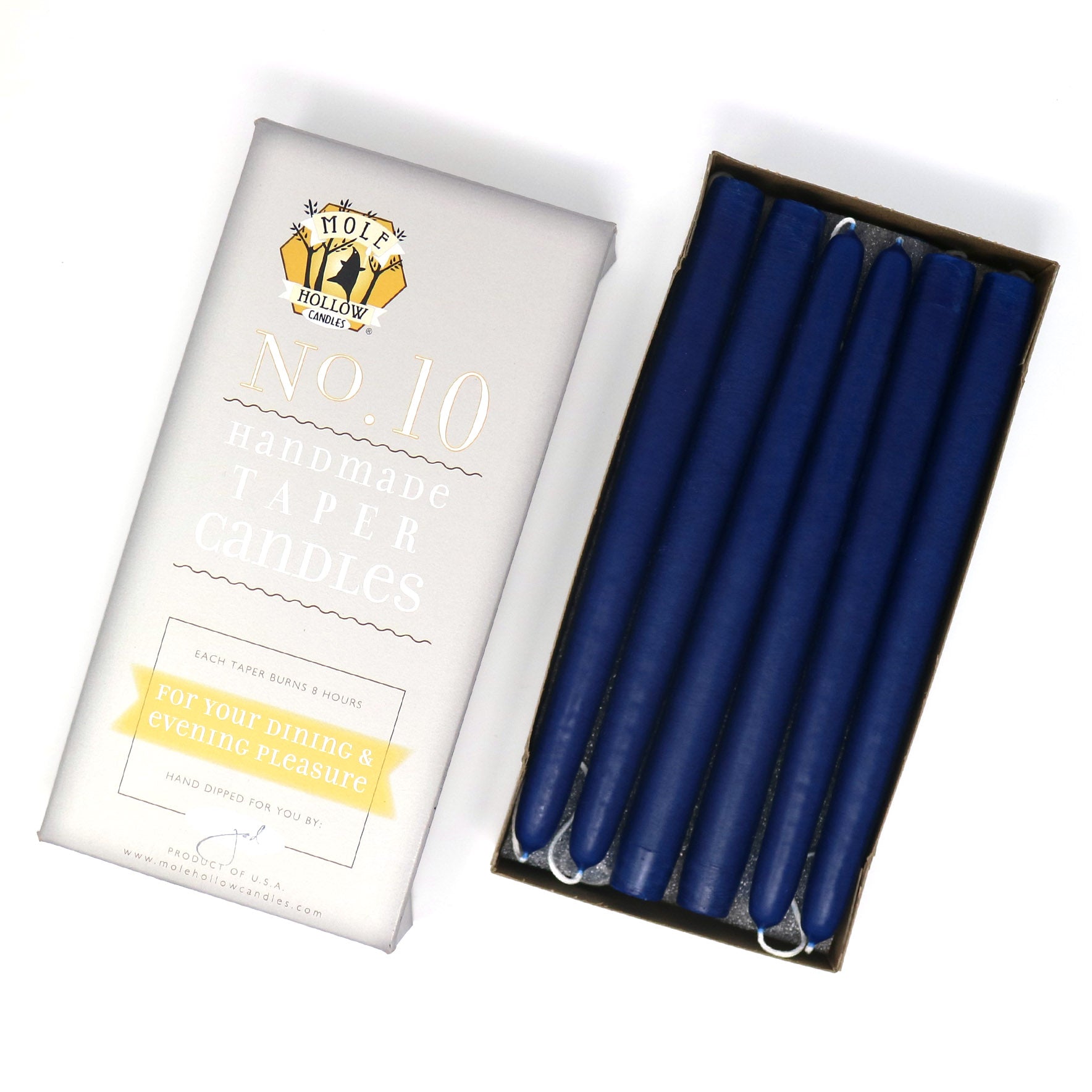 10" Dripless Taper Candles - Unscented Cobalt Blue - Mole Hollow Candles