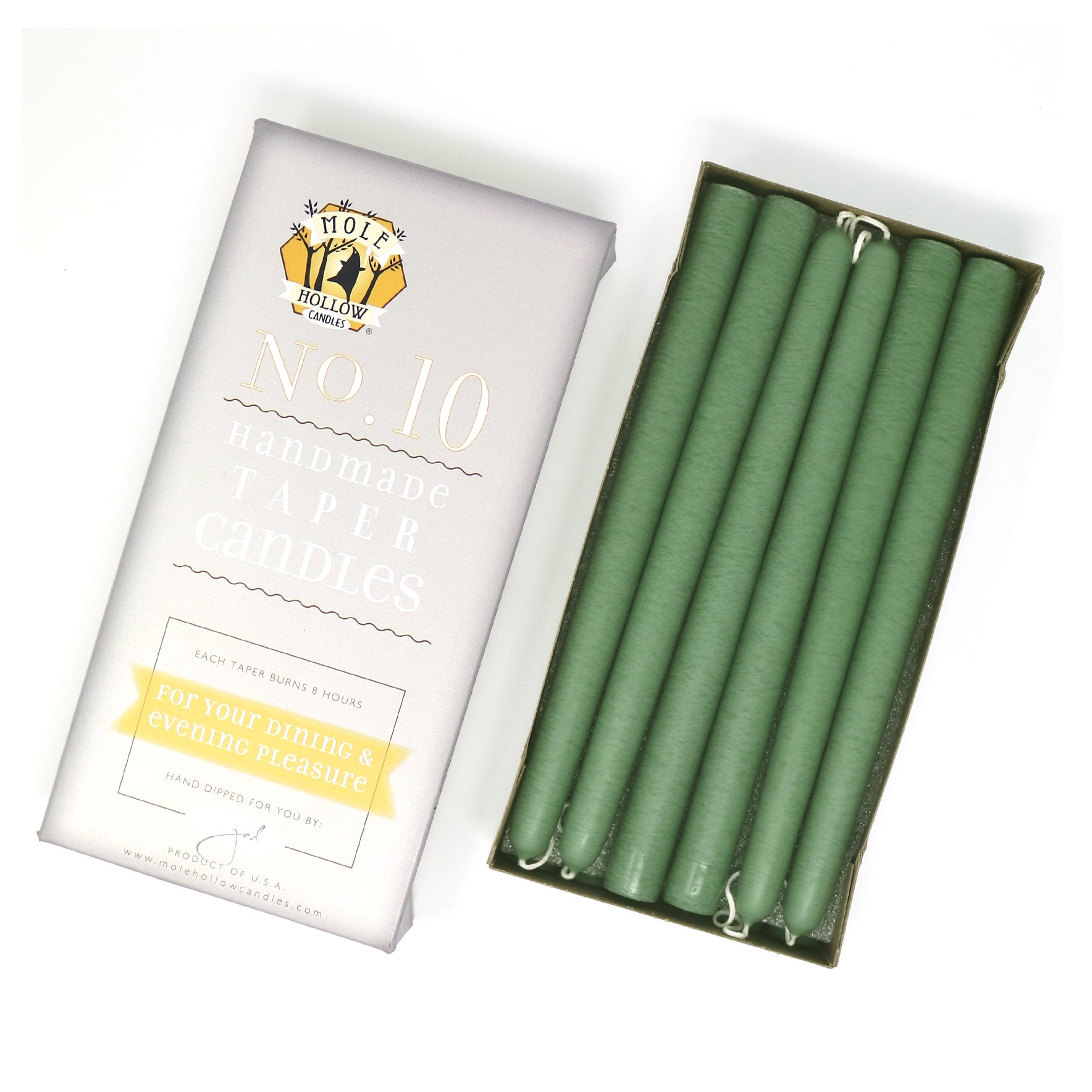 10" Dripless Taper Candles - Unscented Colonial Green - Mole Hollow Candles