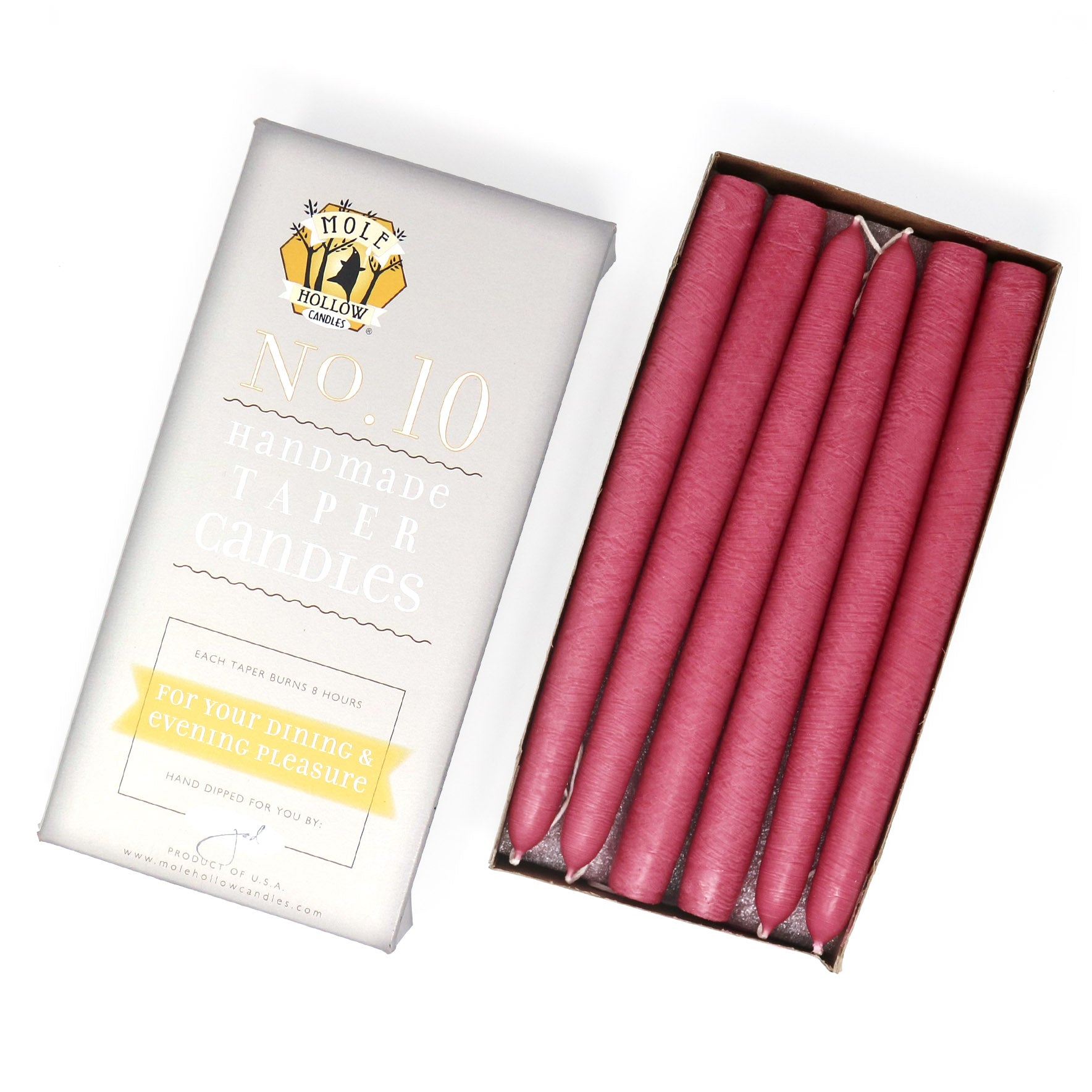 10" Dripless Taper Candles - Unscented Colonial Pink - Mole Hollow Candles