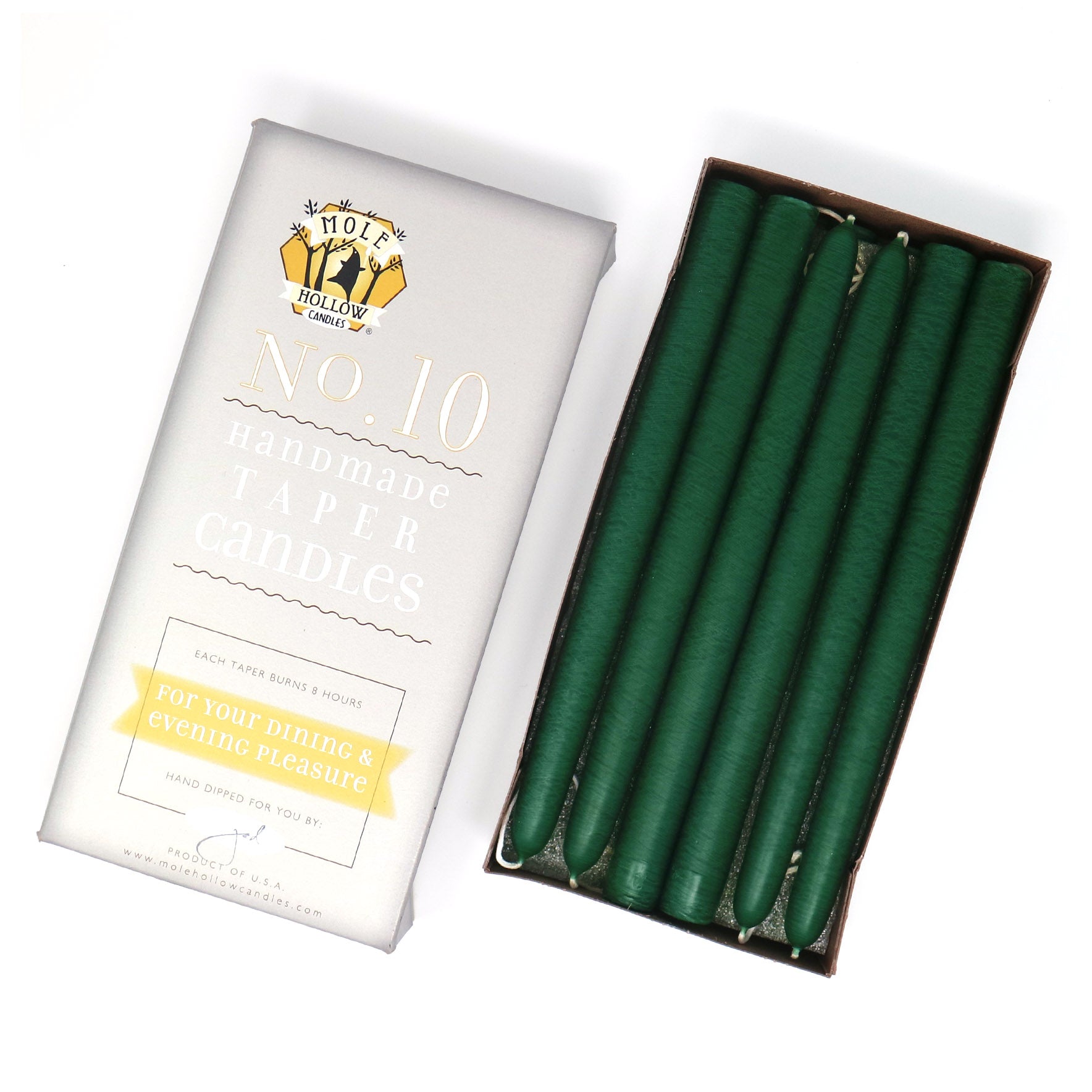 10" Dripless Taper Candles - Unscented Emerald Green - Mole Hollow Candles