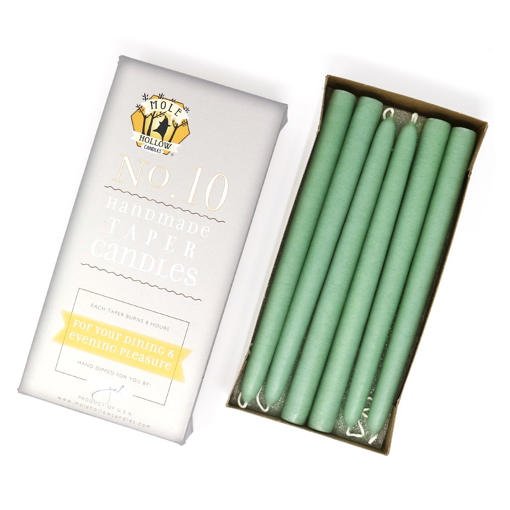 10" Dripless Taper Candles - Unscented Misty Green - Mole Hollow Candles