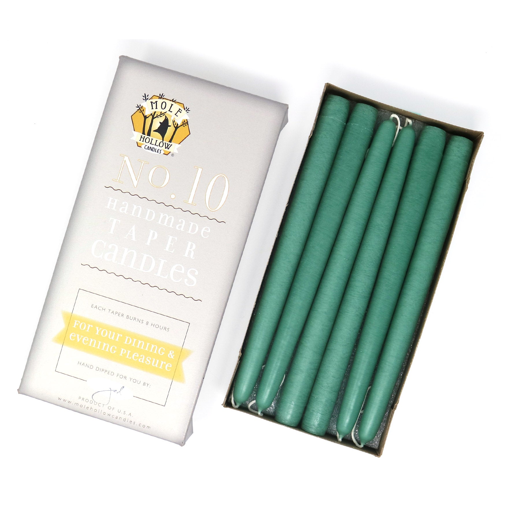 10" Dripless Taper Candles - Unscented Sea Green - Mole Hollow Candles