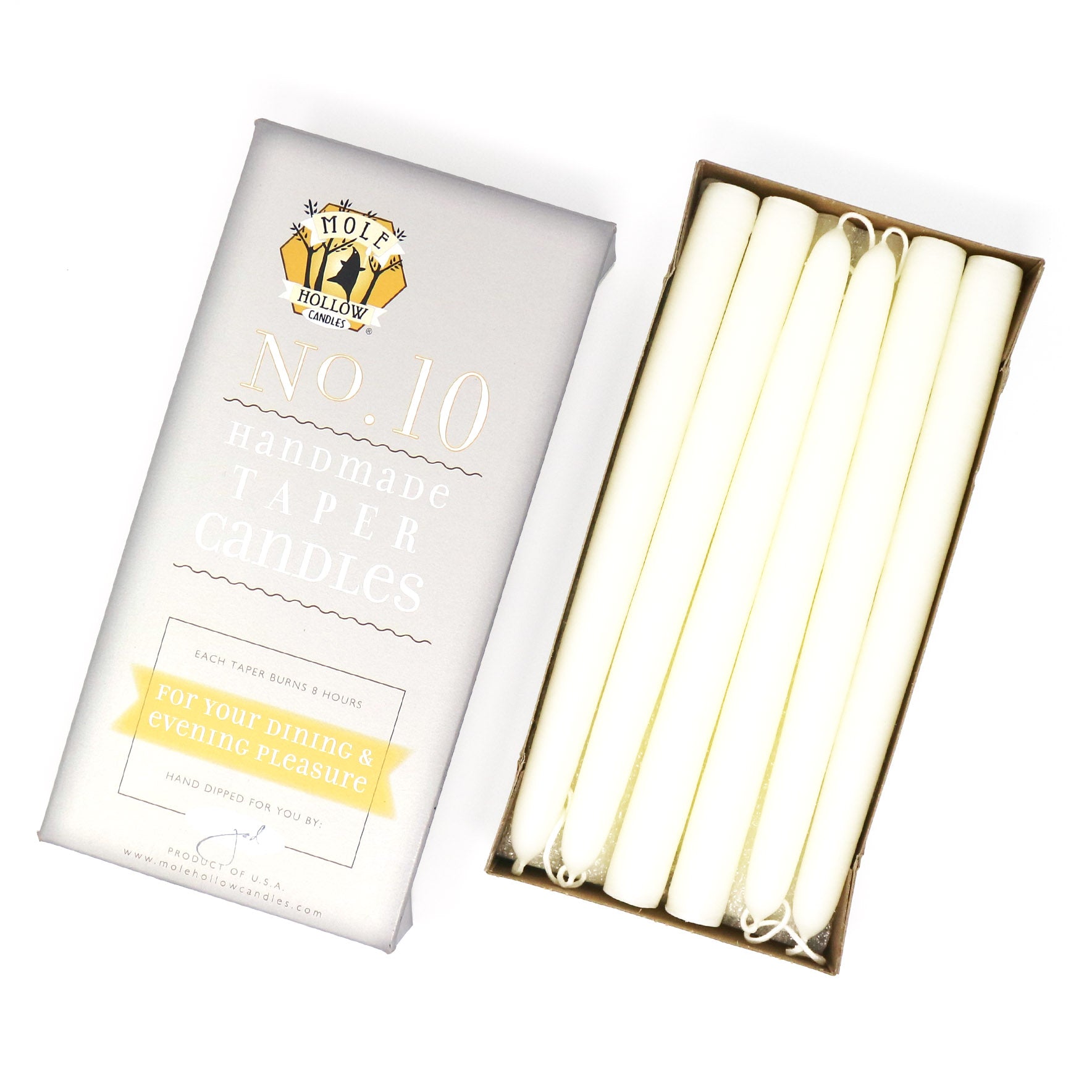 10" Dripless Taper Candles - Unscented Shell White - Mole Hollow Candles