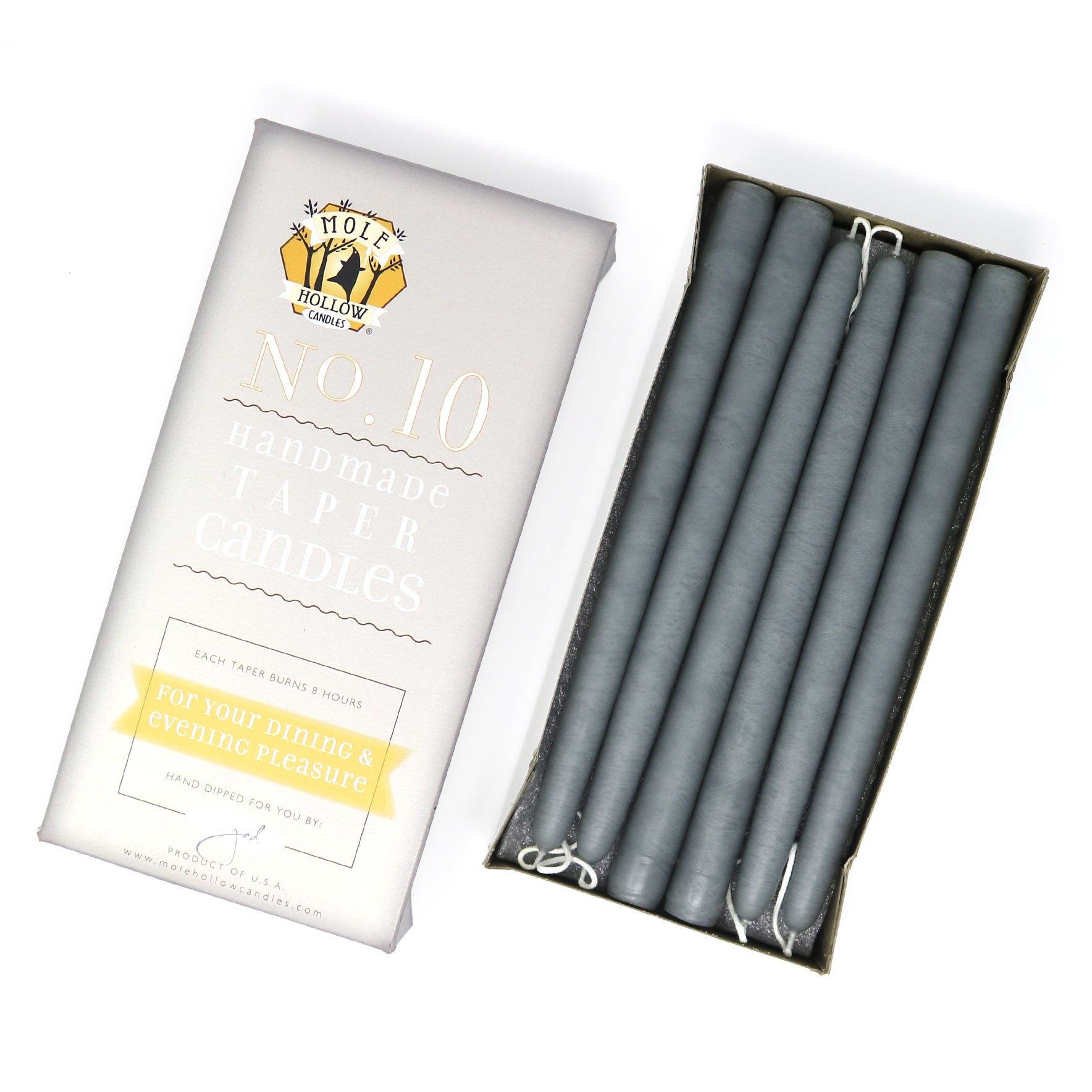 10" Dripless Taper Candles - Unscented Slate Grey - Mole Hollow Candles
