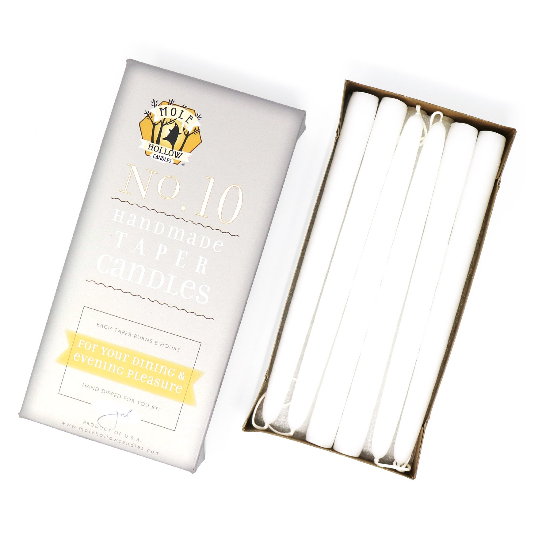 10" Dripless Taper Candles - Unscented Stark White - Mole Hollow Candles
