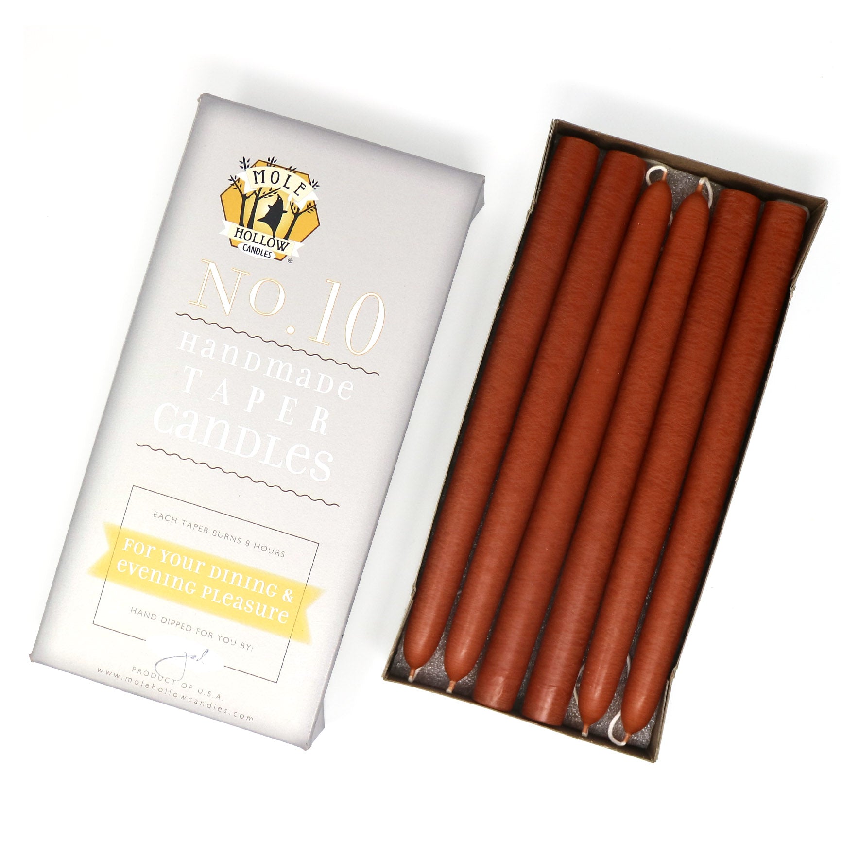 10" Dripless Taper Candles - Unscented Terra Cotta - Mole Hollow Candles