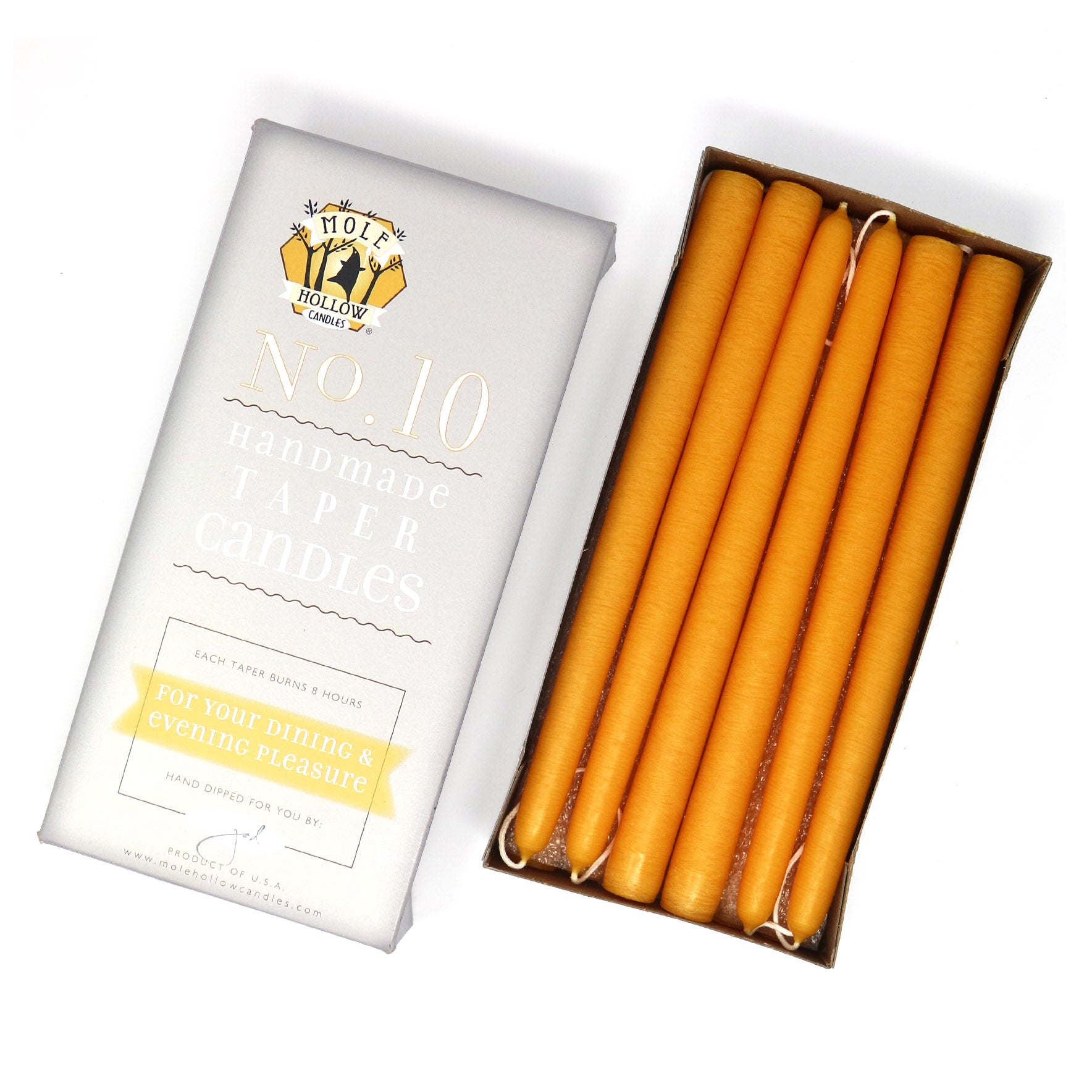 10" Dripless Taper Candles - Unscented Yellow Gold - Mole Hollow Candles