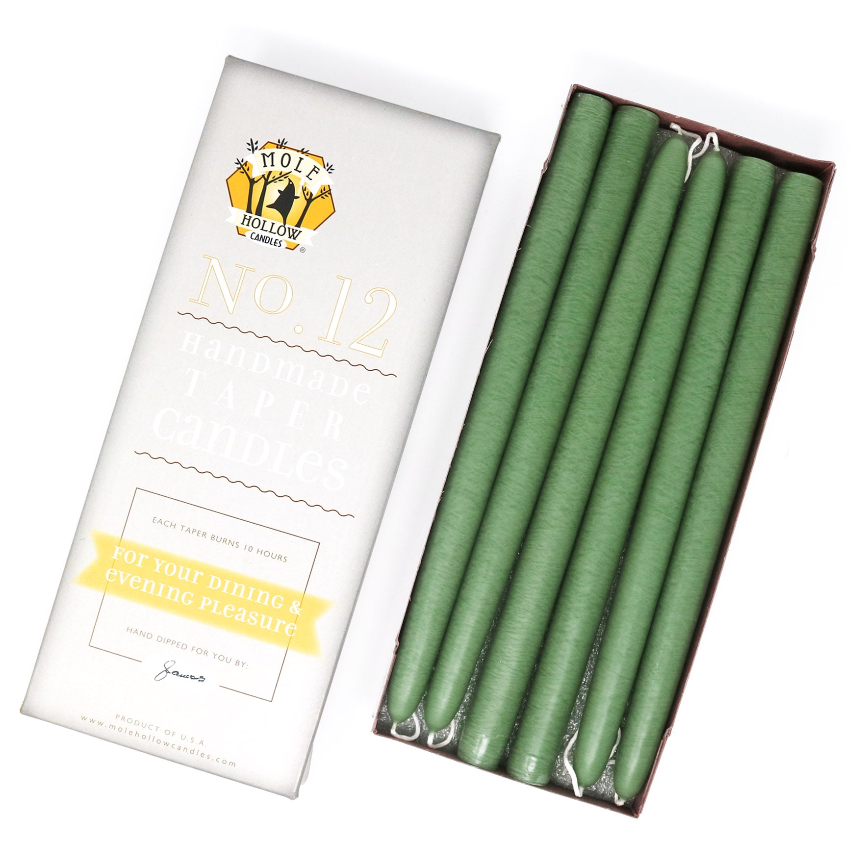 12" Dripless Taper Candles - Colonial Green Unscented - Mole Hollow Candles