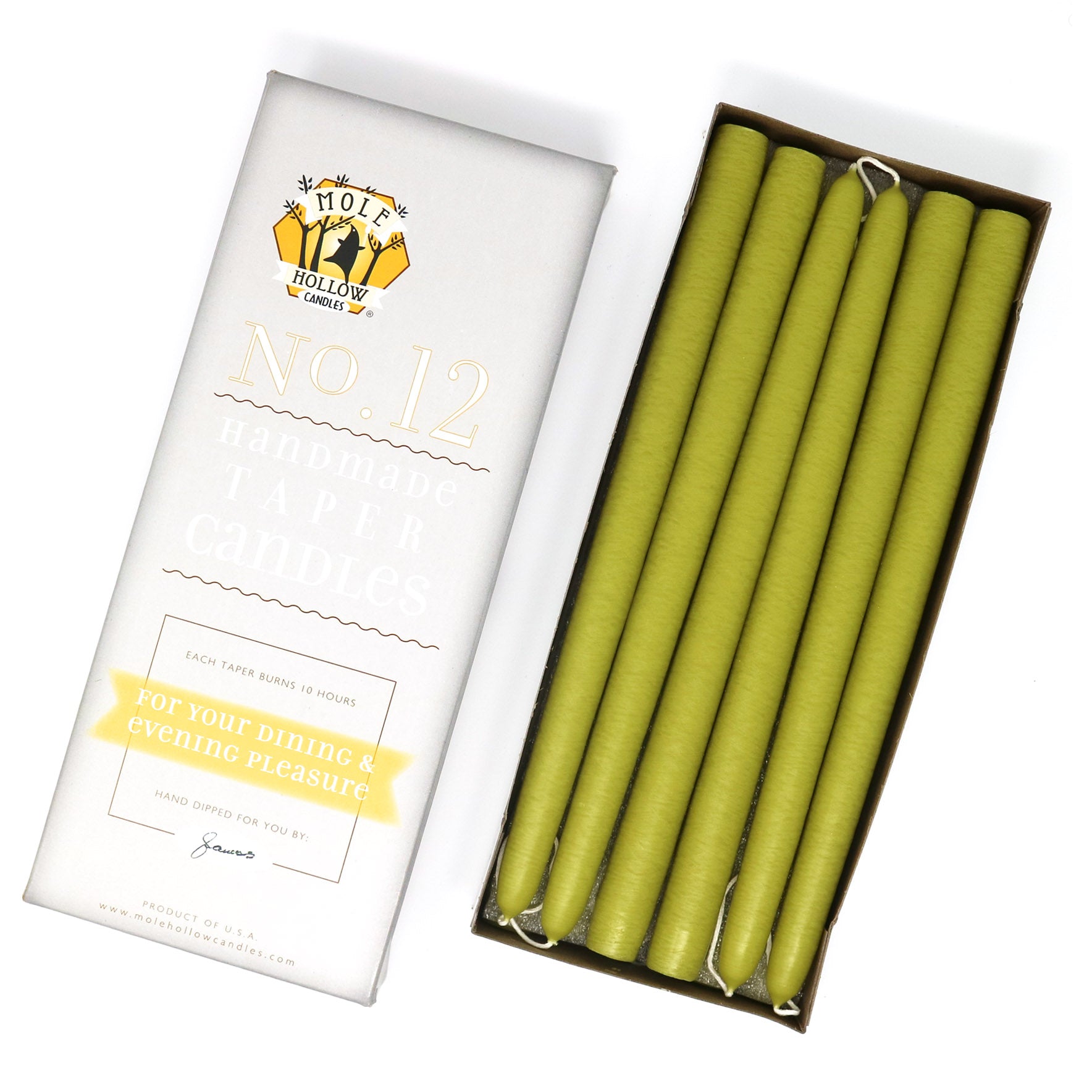 12" Dripless Taper Candles - Granny Smith Green Unscented - Mole Hollow Candles