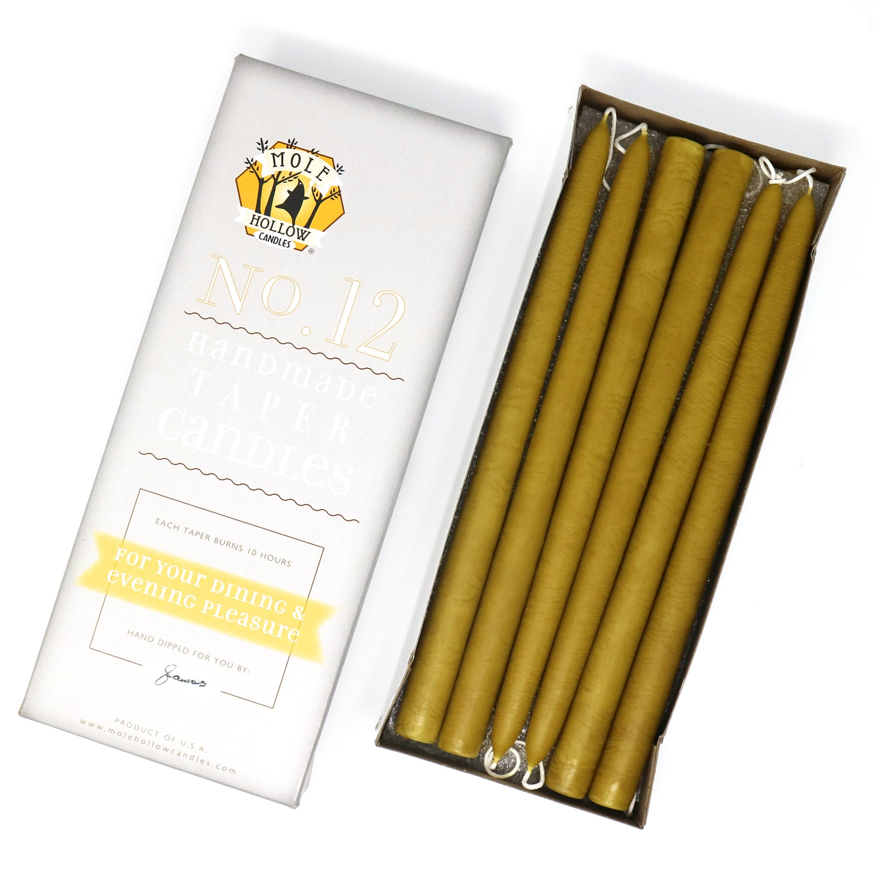 12" Dripless Taper Candles - Harvest Gold Unscented - Mole Hollow Candles