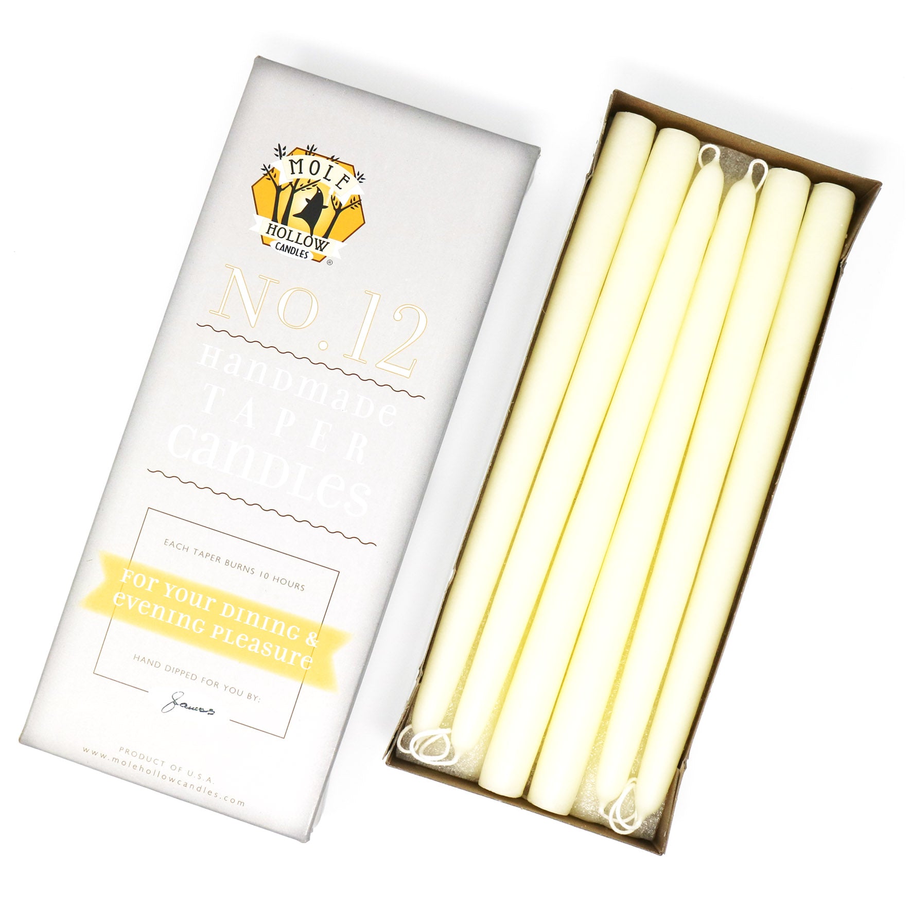 12" Dripless Taper Candles - Off White Unscented - Mole Hollow Candles