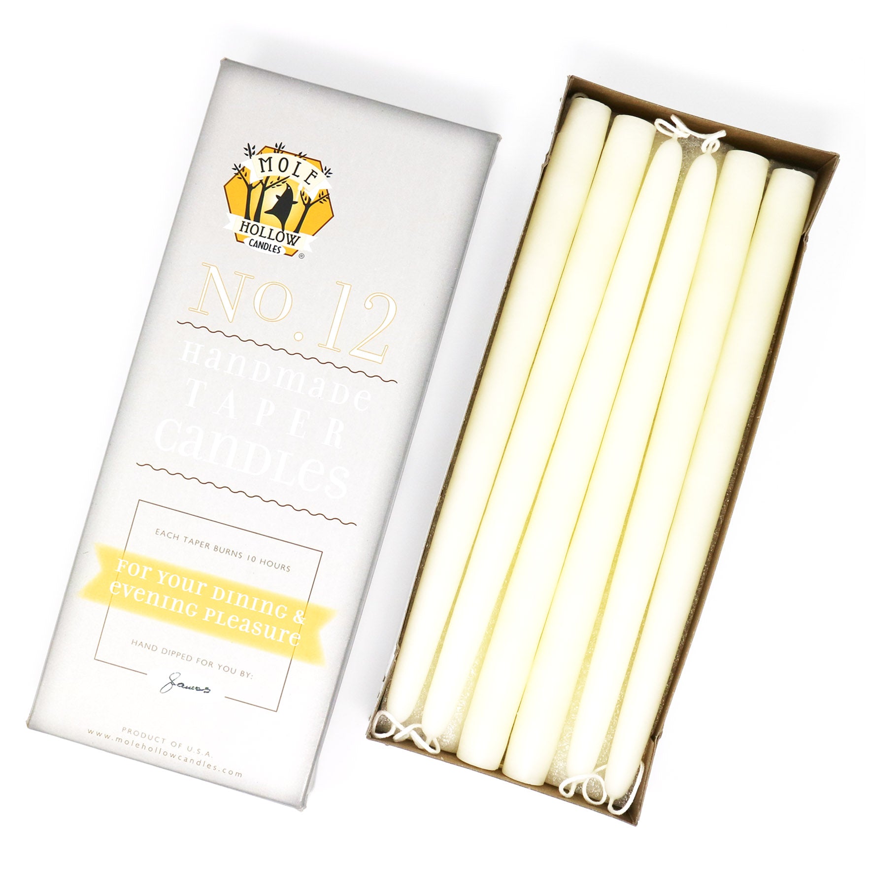 12" Dripless Taper Candles - Shell White Unscented - Mole Hollow Candles