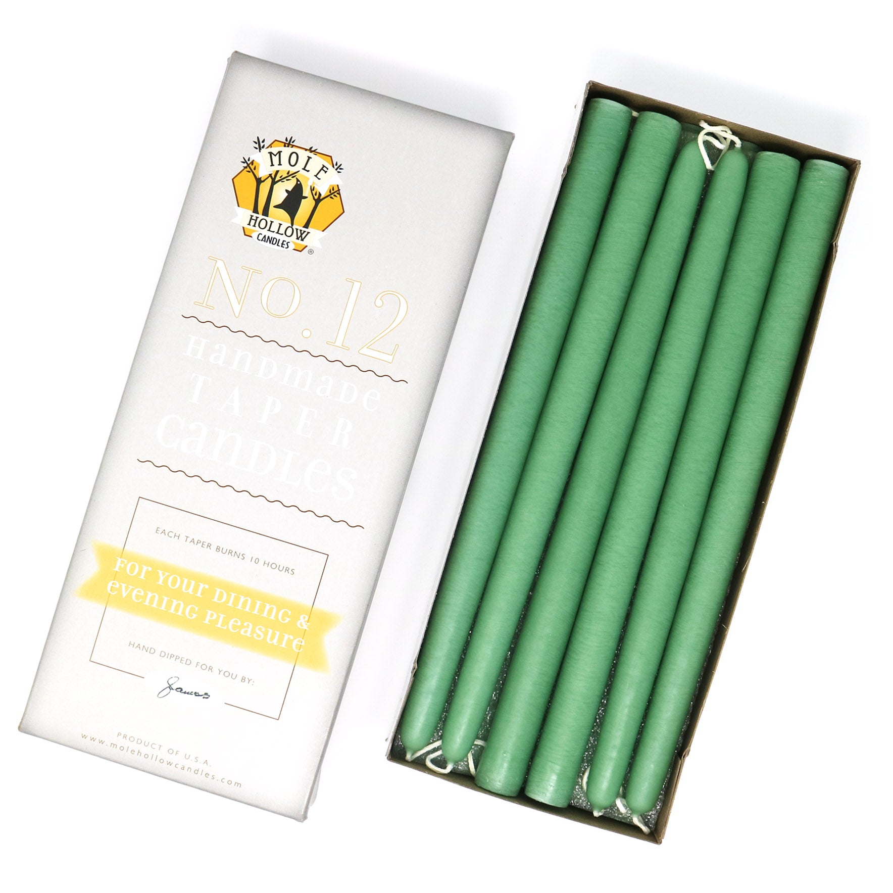 12" Dripless Taper Candles - Spearmint Green Unscented - Mole Hollow Candles