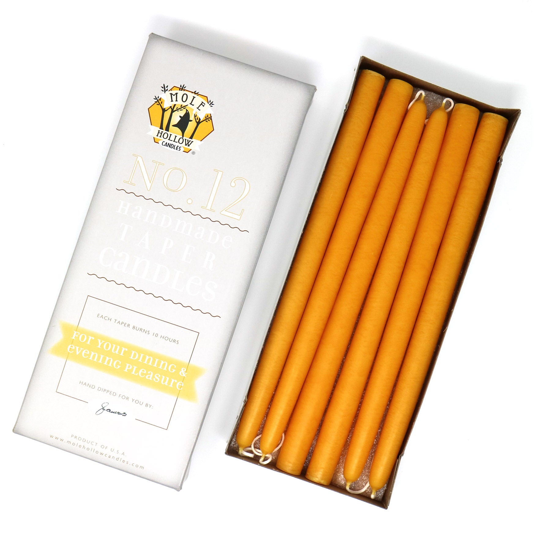 12" Dripless Taper Candles - Yellow Gold Unscented - Mole Hollow Candles