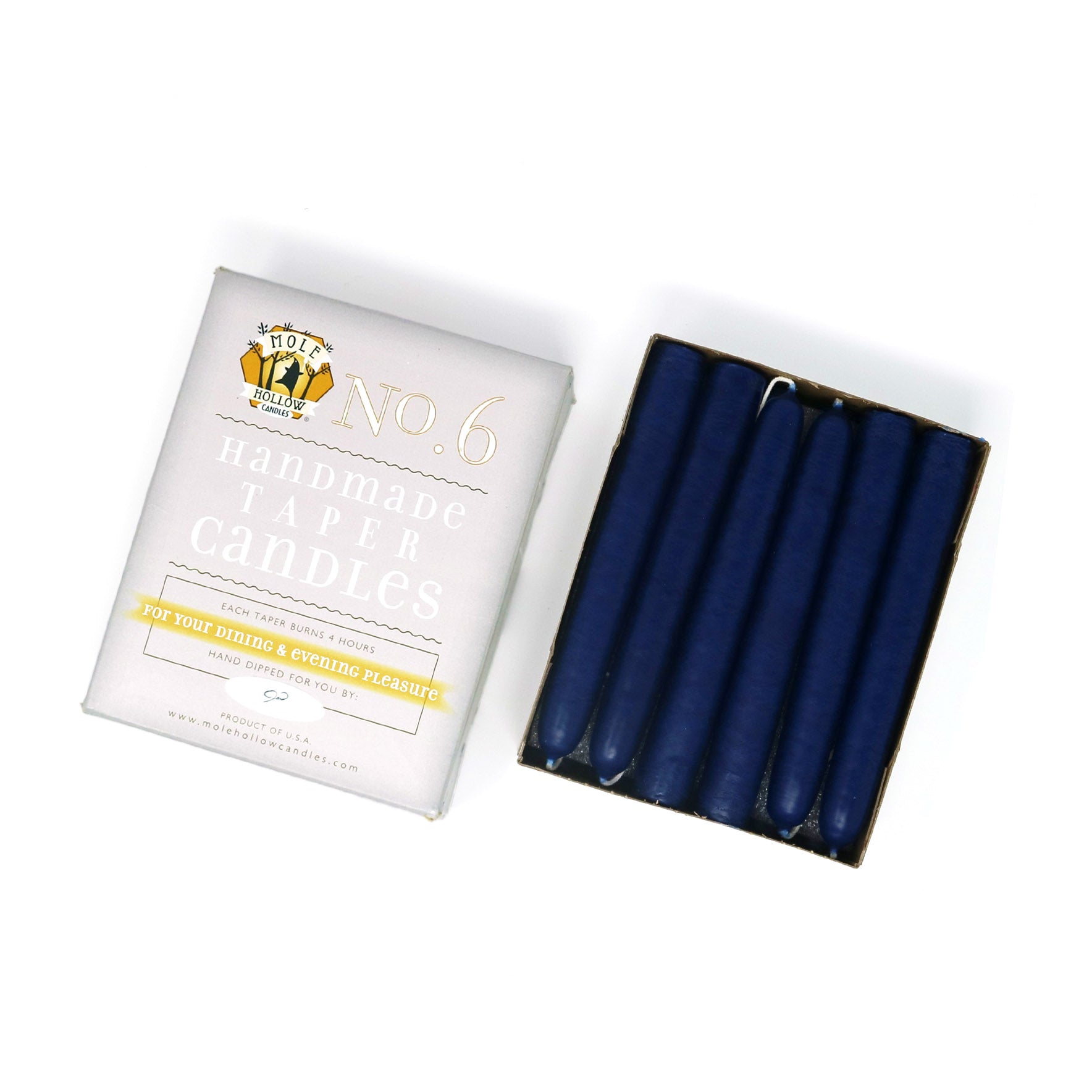 6" Dripless Taper Candles - Unscented Cobalt Blue - Mole Hollow Candles