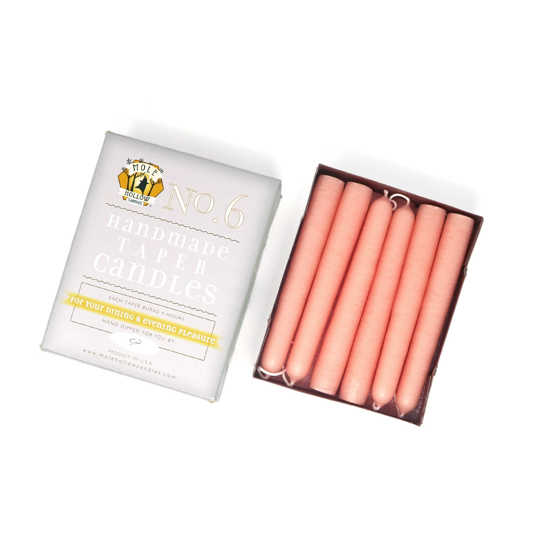 6" Dripless Taper Candles - Unscented Creamy Peach - Mole Hollow Candles