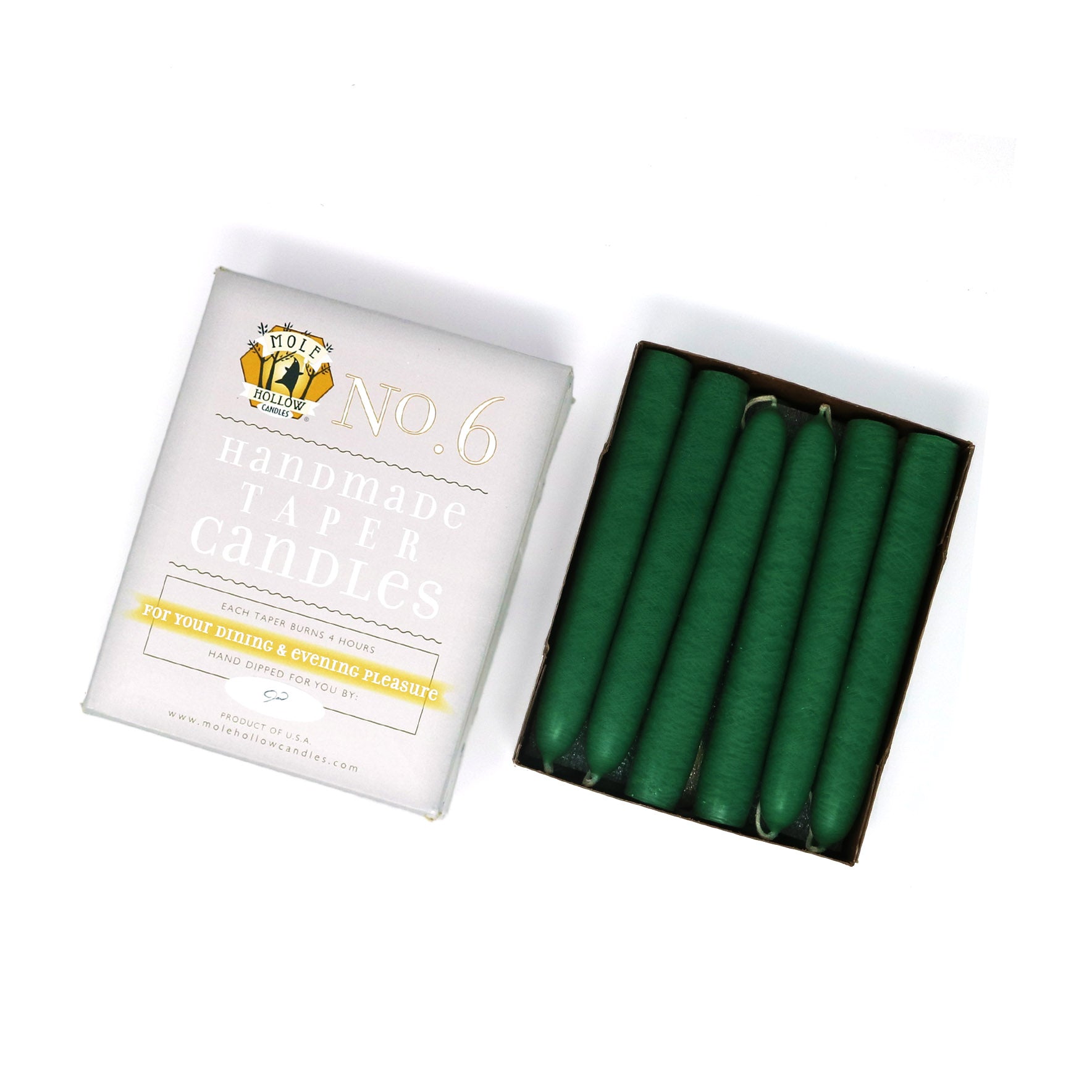 6" Dripless Taper Candles - Unscented Emerald Green - Mole Hollow Candles
