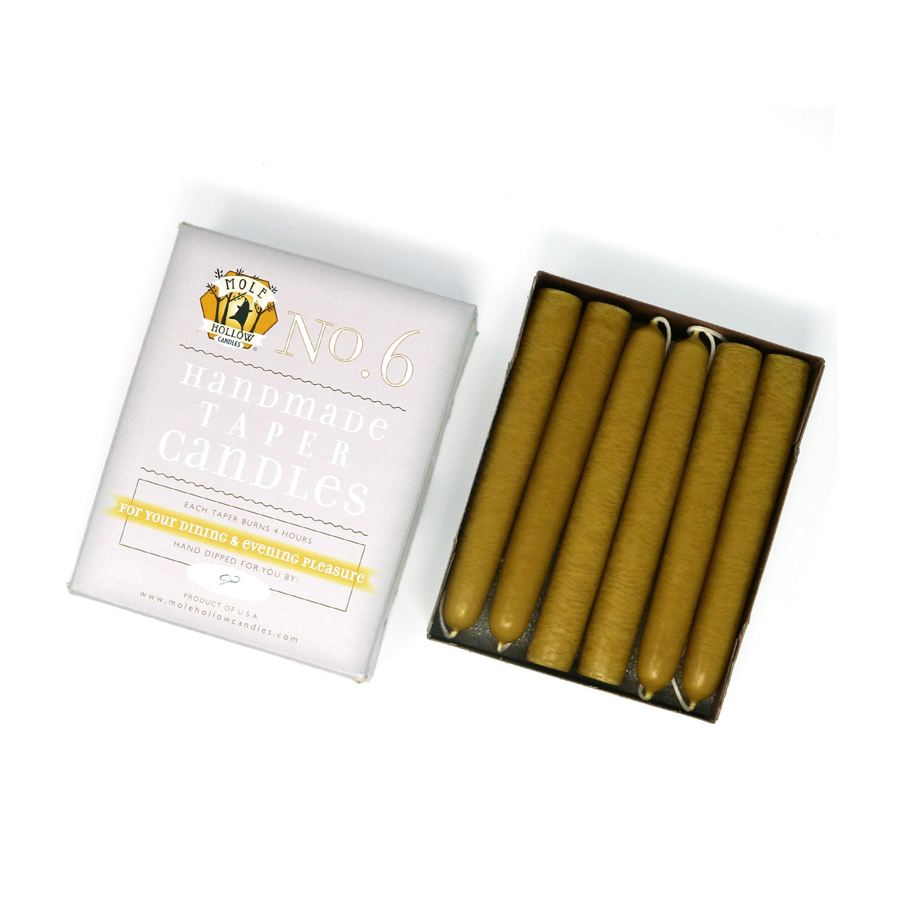 6" Dripless Taper Candles - Unscented Harvest Gold - Mole Hollow Candles
