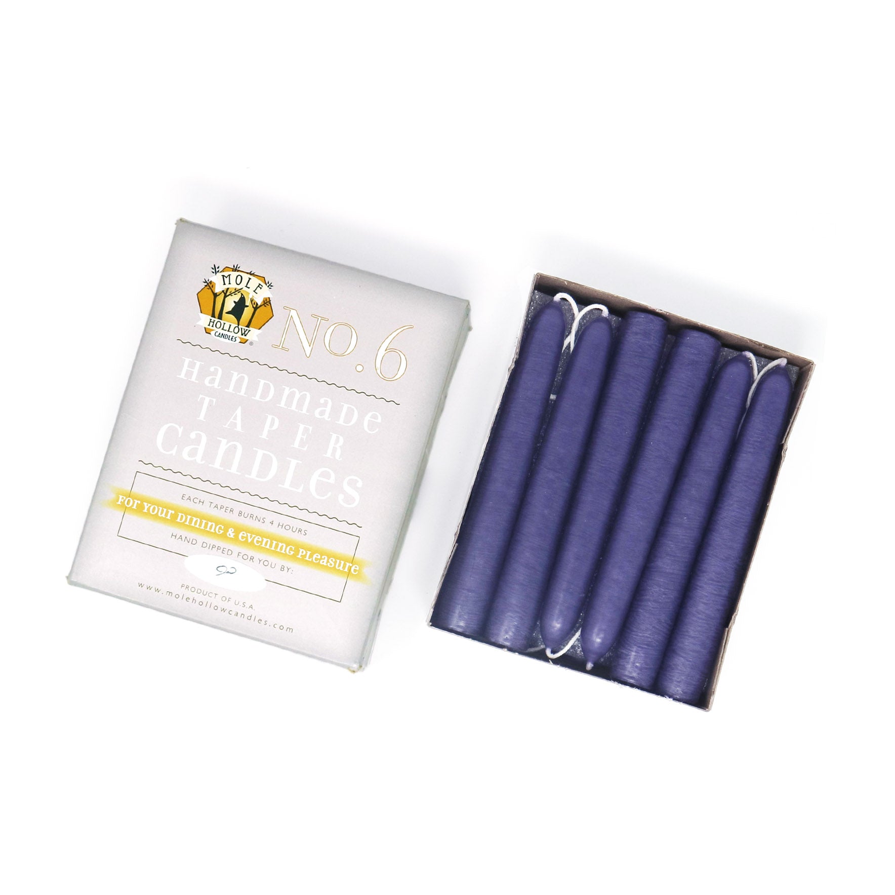 6" Dripless Taper Candles - Unscented Lavender - Mole Hollow Candles