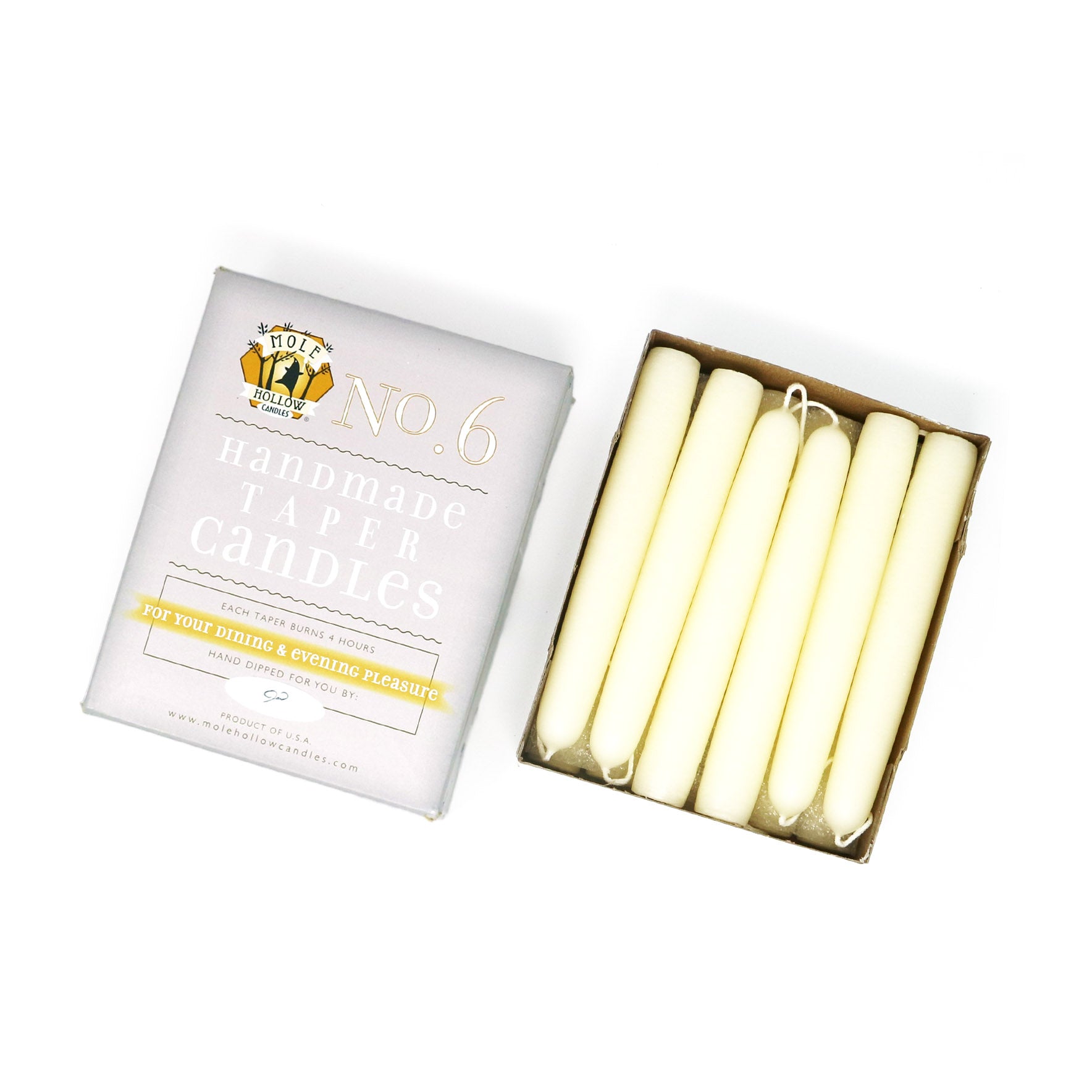 6" Dripless Taper Candles - Unscented Off White - Mole Hollow Candles