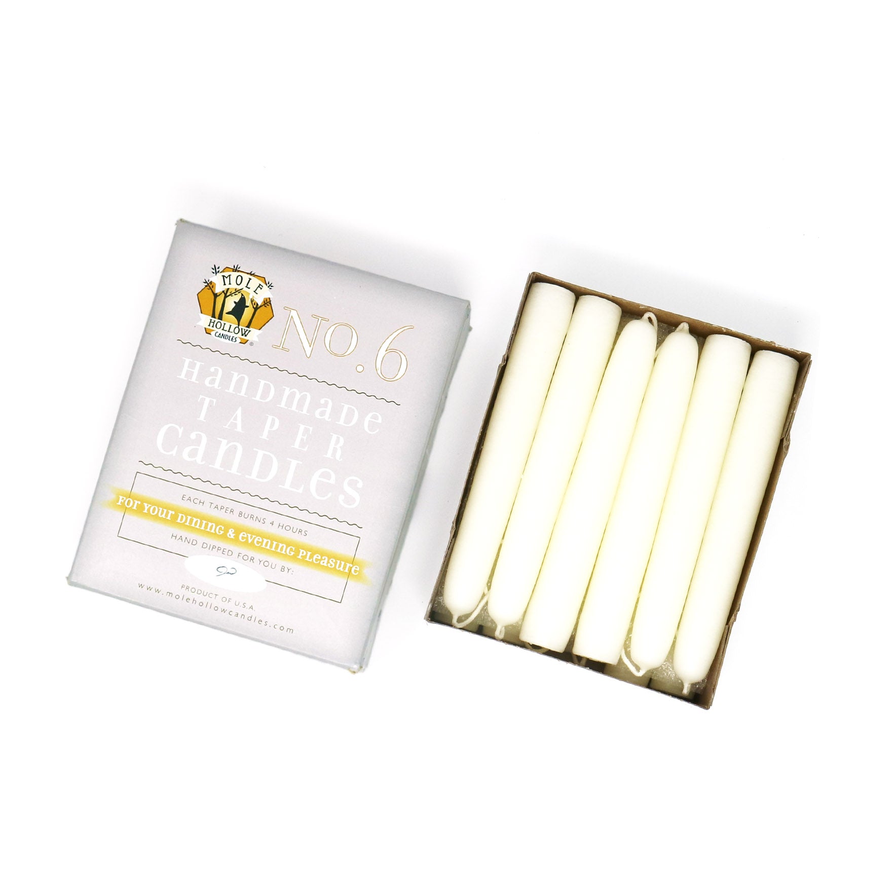 6" Dripless Taper Candles - Unscented Shell White - Mole Hollow Candles