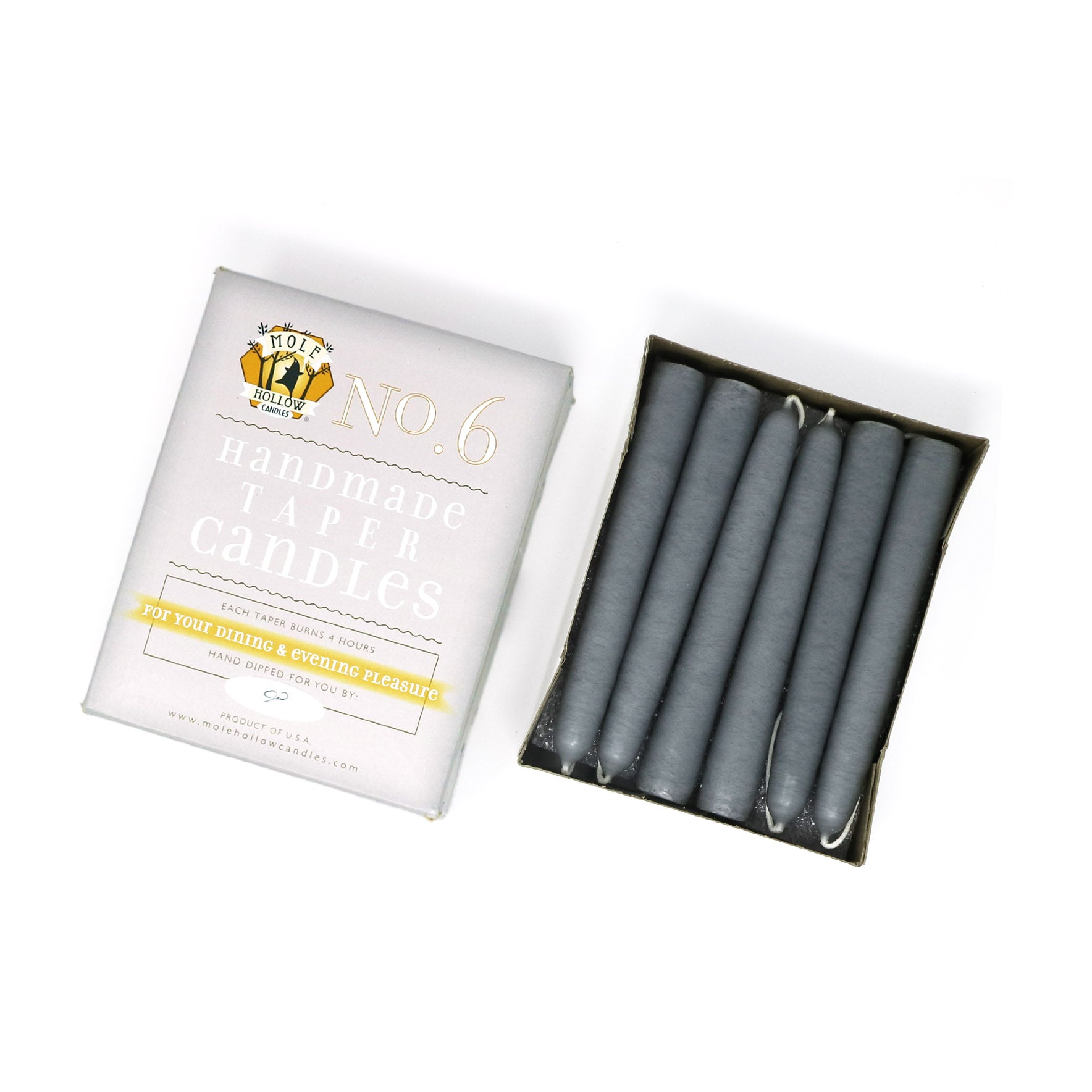 6" Dripless Taper Candles - Unscented Slate Grey - Mole Hollow Candles