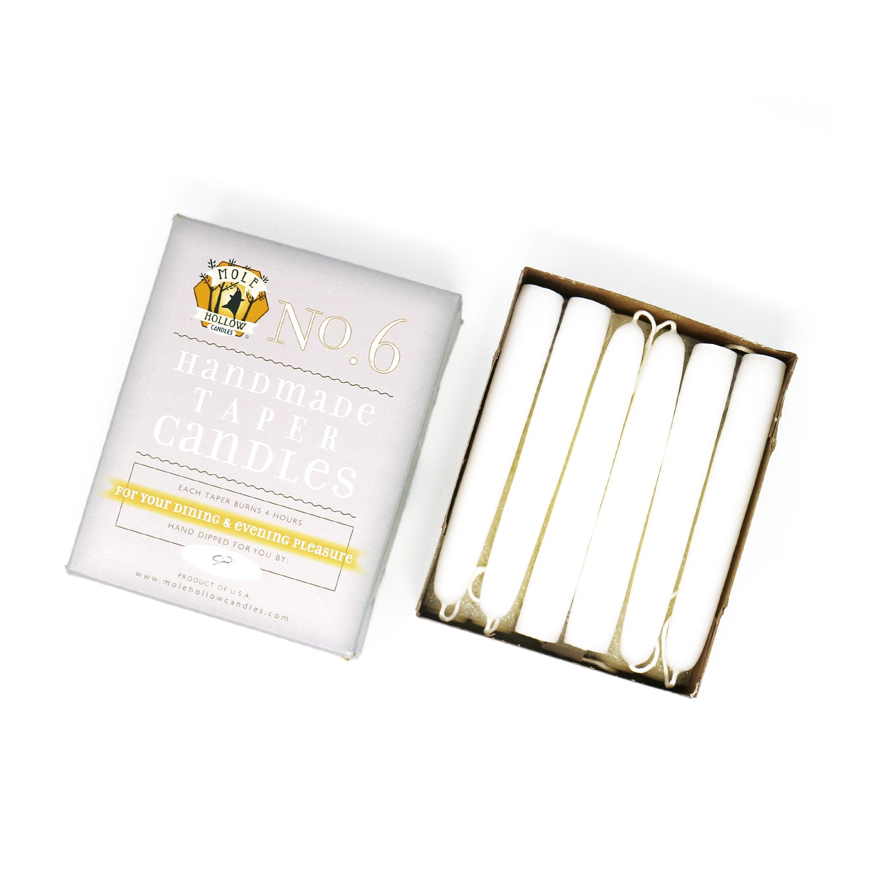 6" Dripless Taper Candles - Unscented Stark White - Mole Hollow Candles