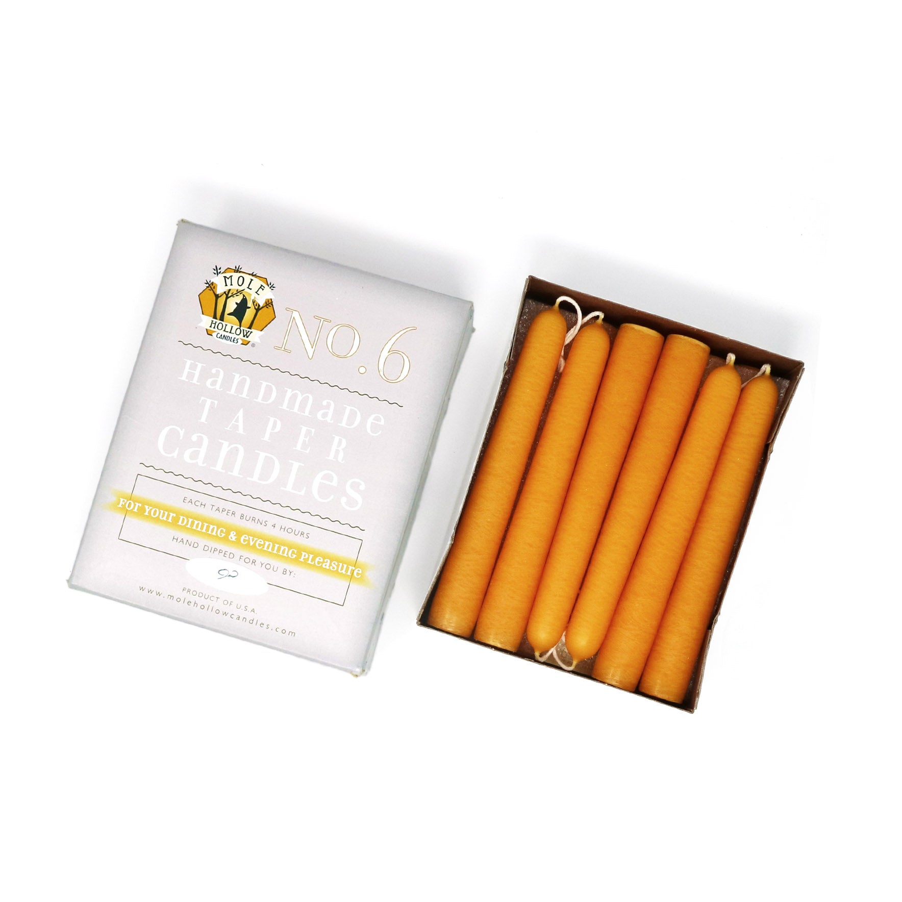 6" Dripless Taper Candles - Unscented Yellow Gold - Mole Hollow Candles