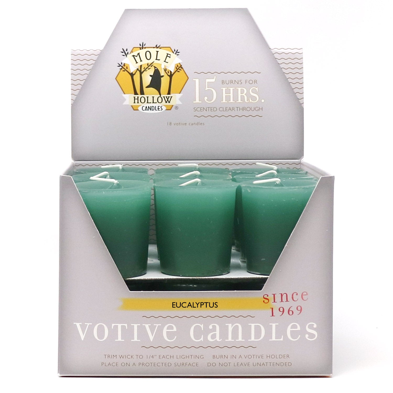 Eucalyptus scented votive candles, box of 18