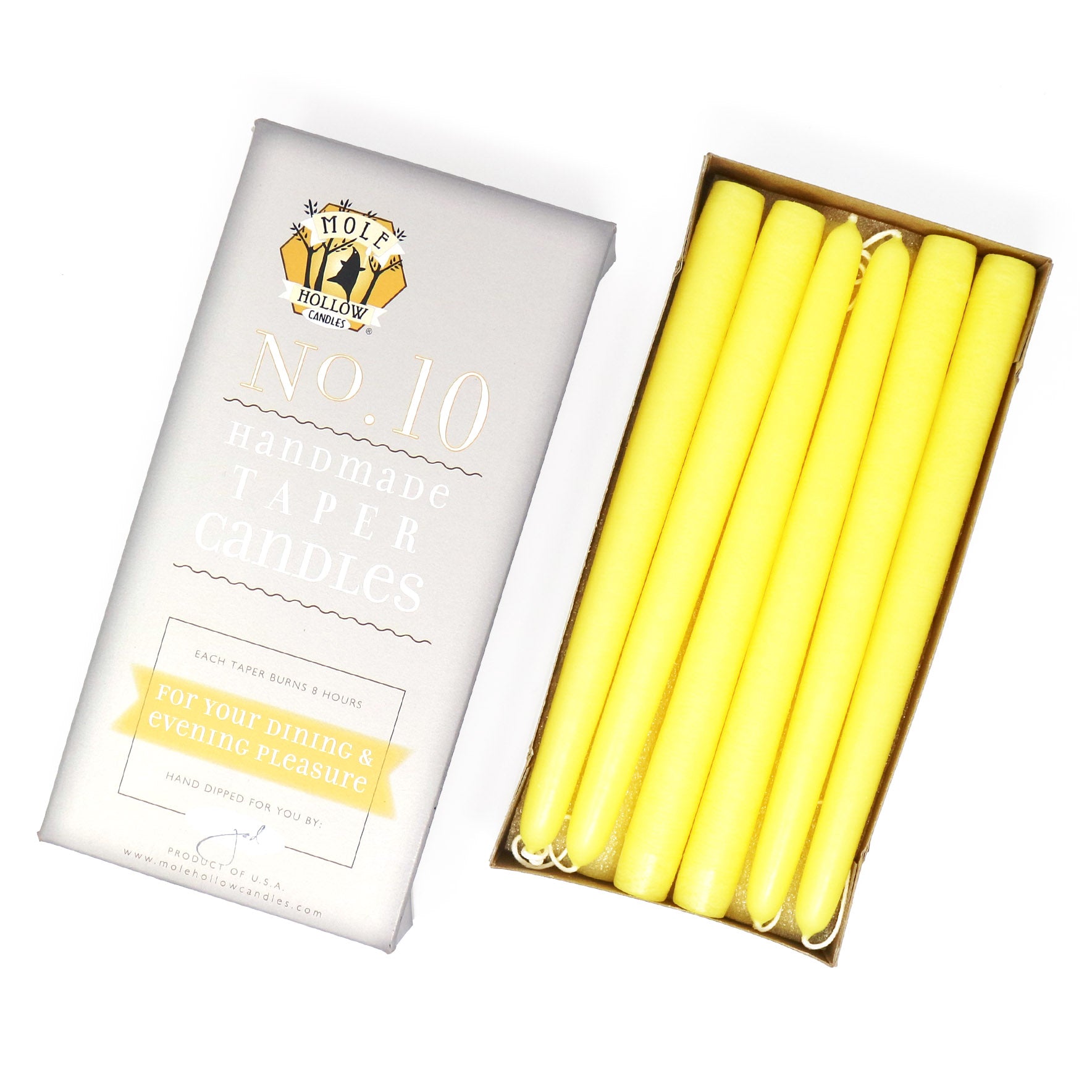 10" Dripless Taper Candles - Unscented Sun Yellow - Mole Hollow Candles