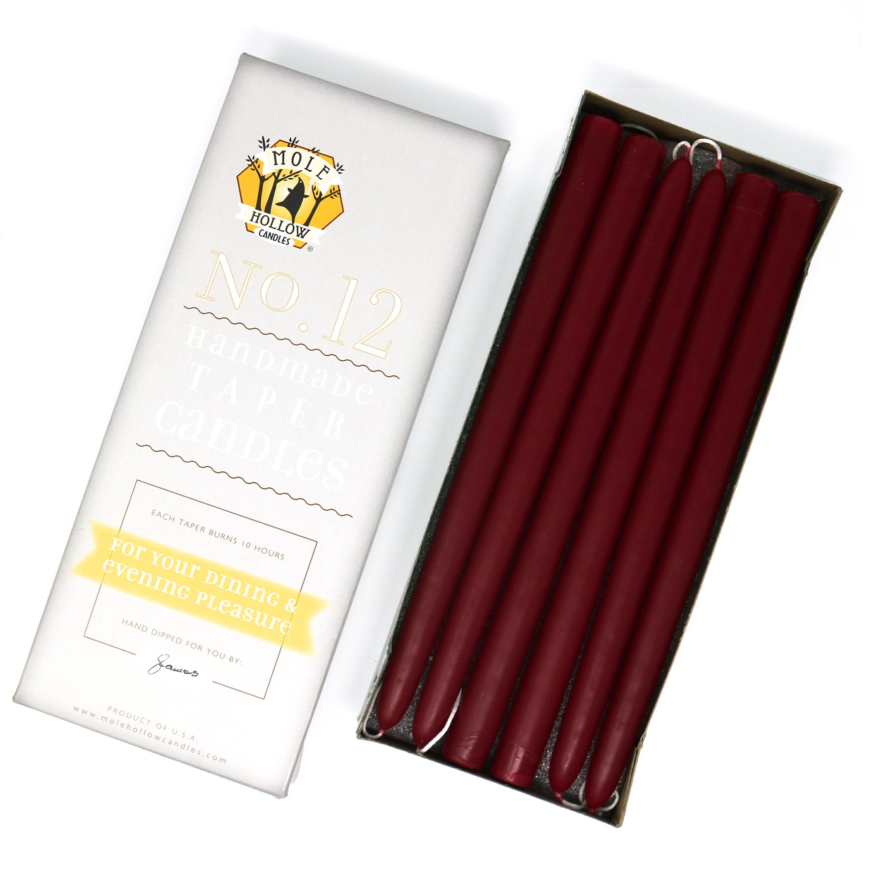 12" Dripless Taper Candles - Burgundy Red Unscented - Mole Hollow Candles