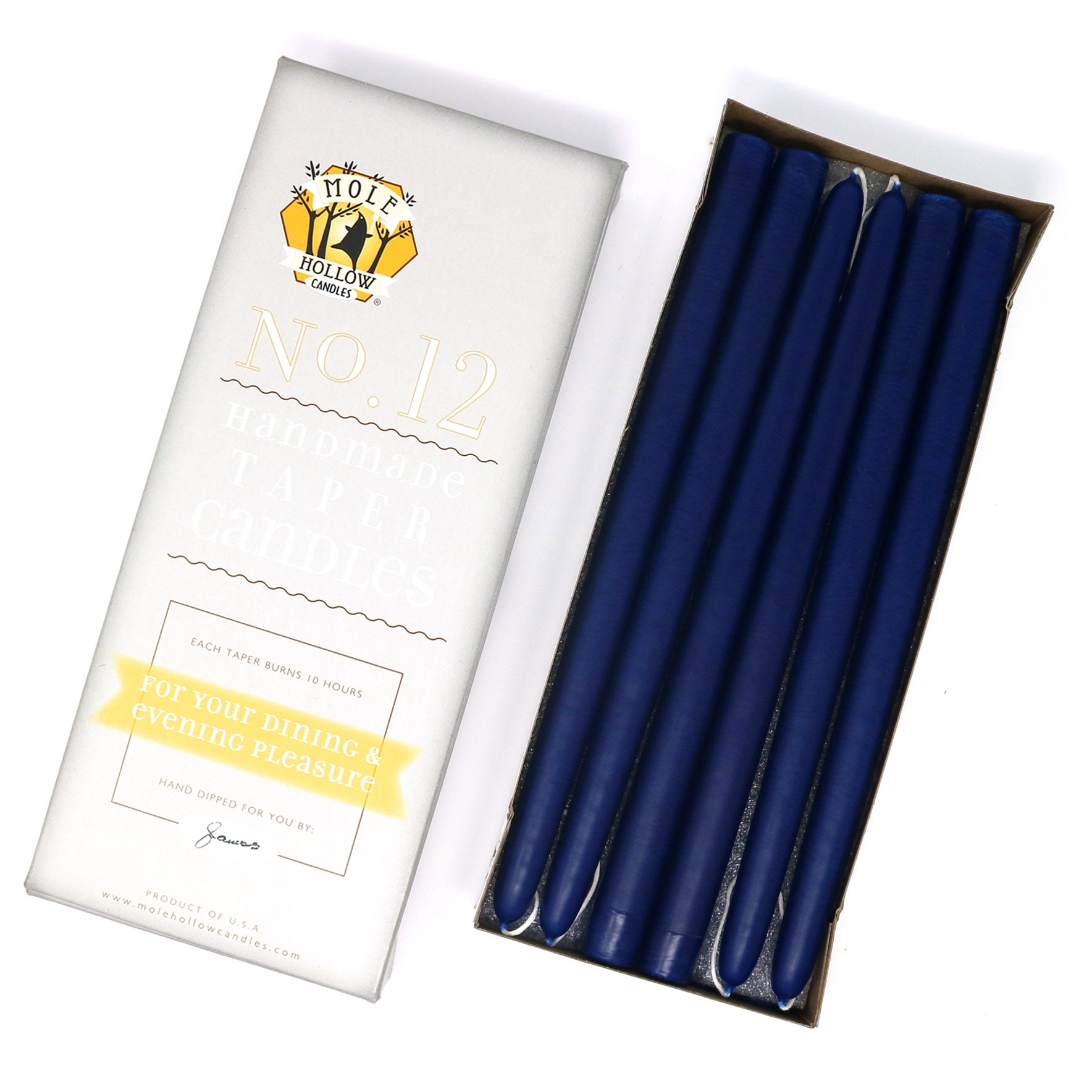12" Dripless Taper Candles - Cobalt Blue Unscented - Mole Hollow Candles