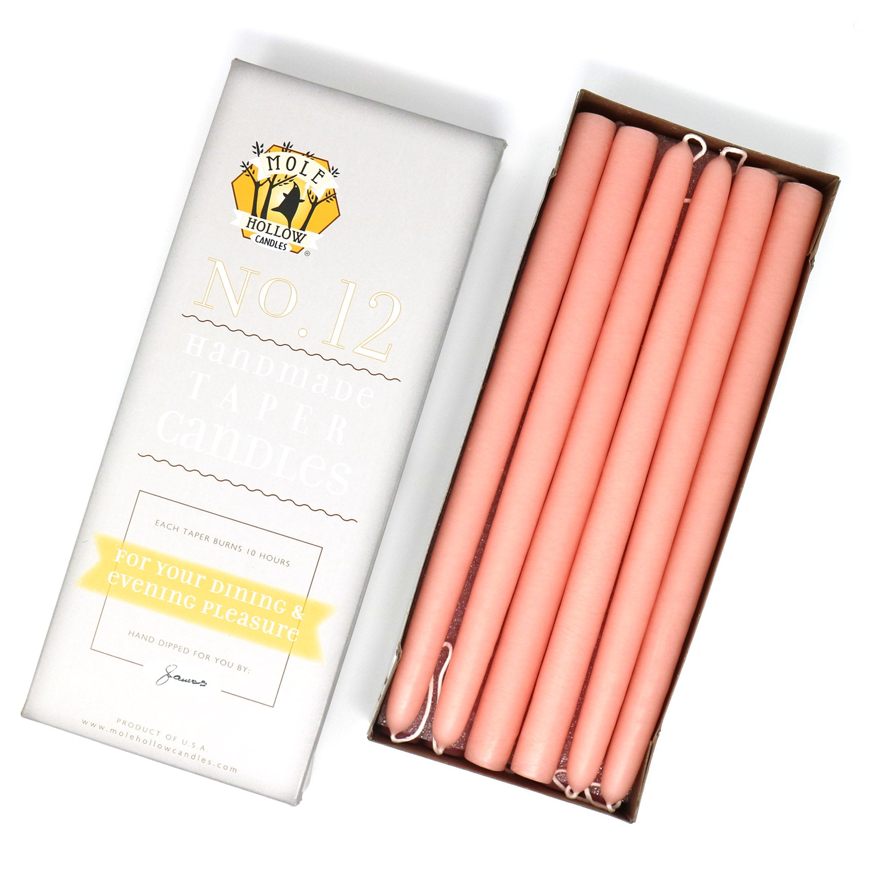 12" Dripless Taper Candles - Creamy Peach Unscented - Mole Hollow Candles