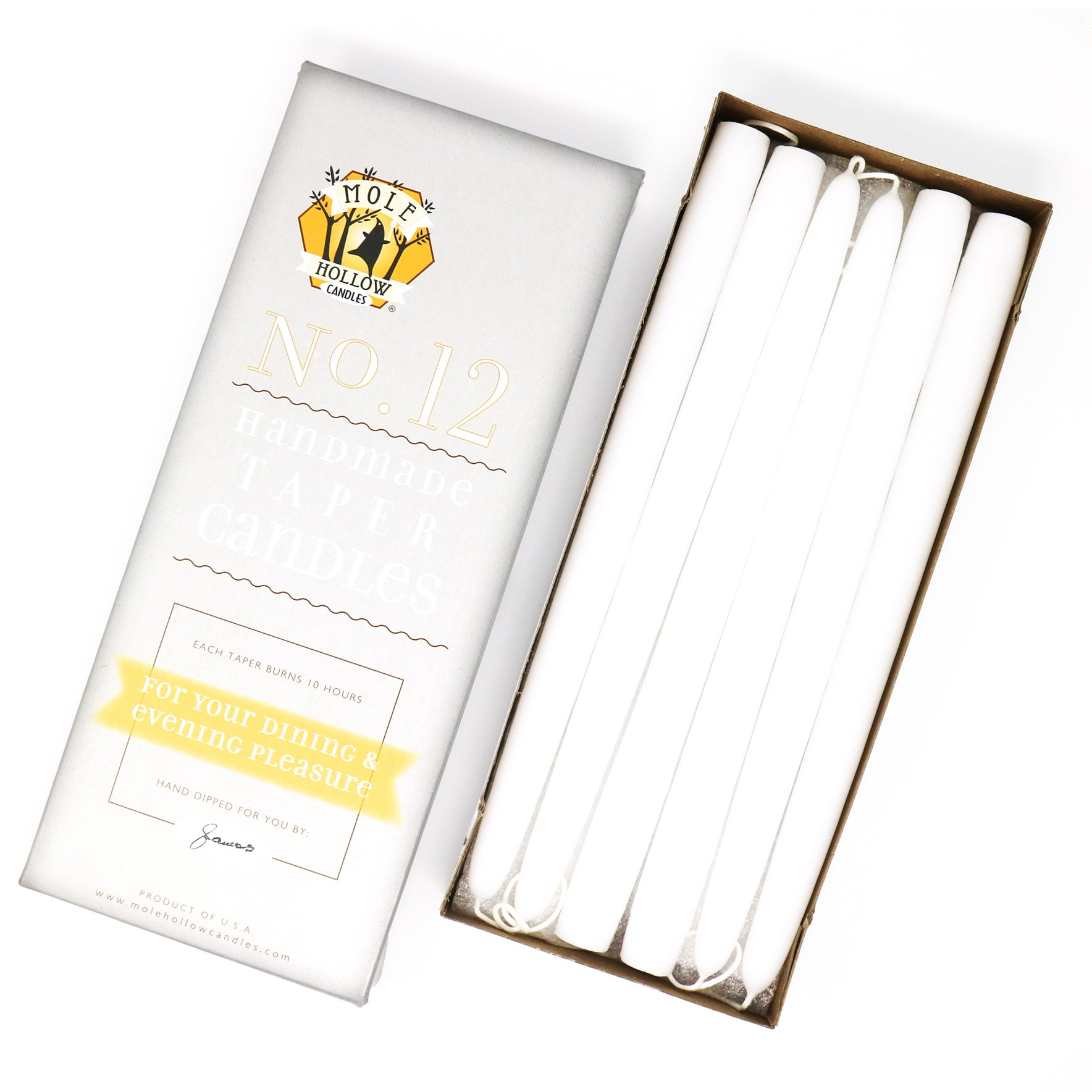 12" Dripless Taper Candles - Stark White Unscented - Mole Hollow Candles