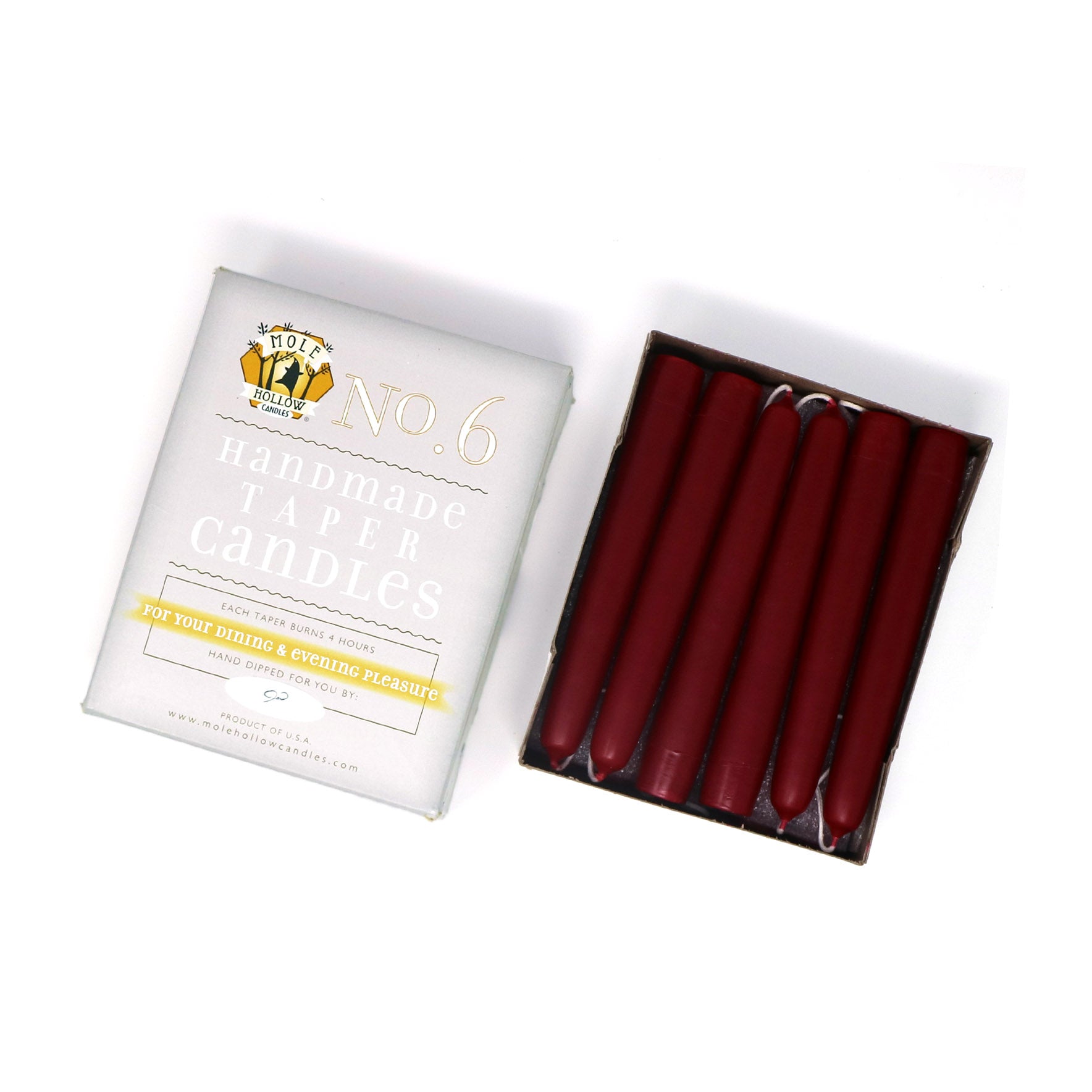 6" Dripless Taper Candles - Unscented Burgundy - Mole Hollow Candles