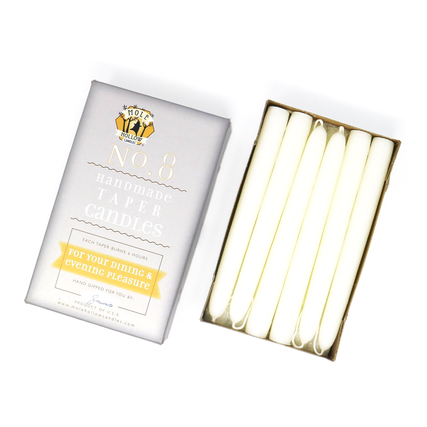 8 Inch Dripless Taper Candles - Unscented Shell White - Mole Hollow Candles