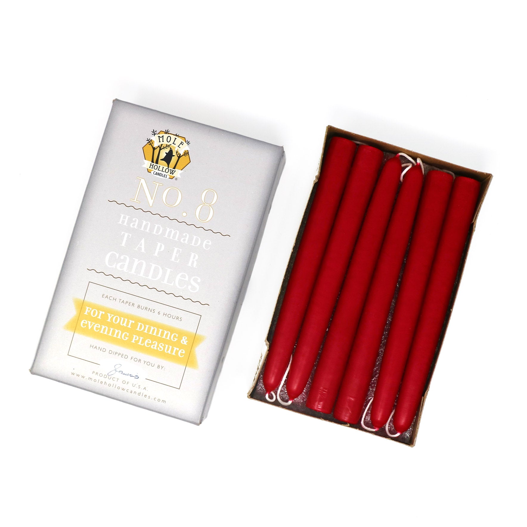 8 Inch Dripless Taper Candles - Unscented Sweetheart Red - Mole Hollow Candles