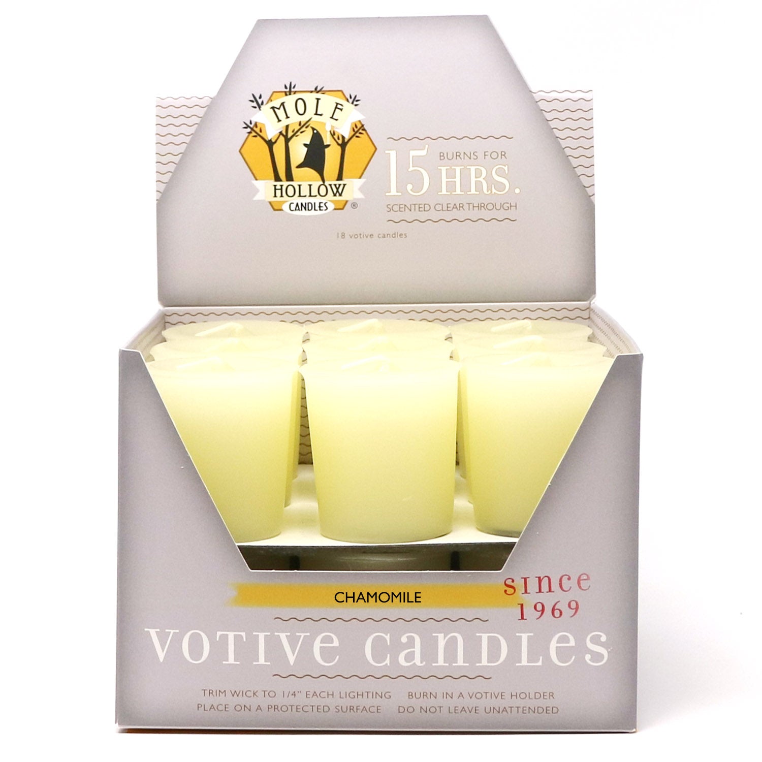 Chamomile scented votive candles, box of 18