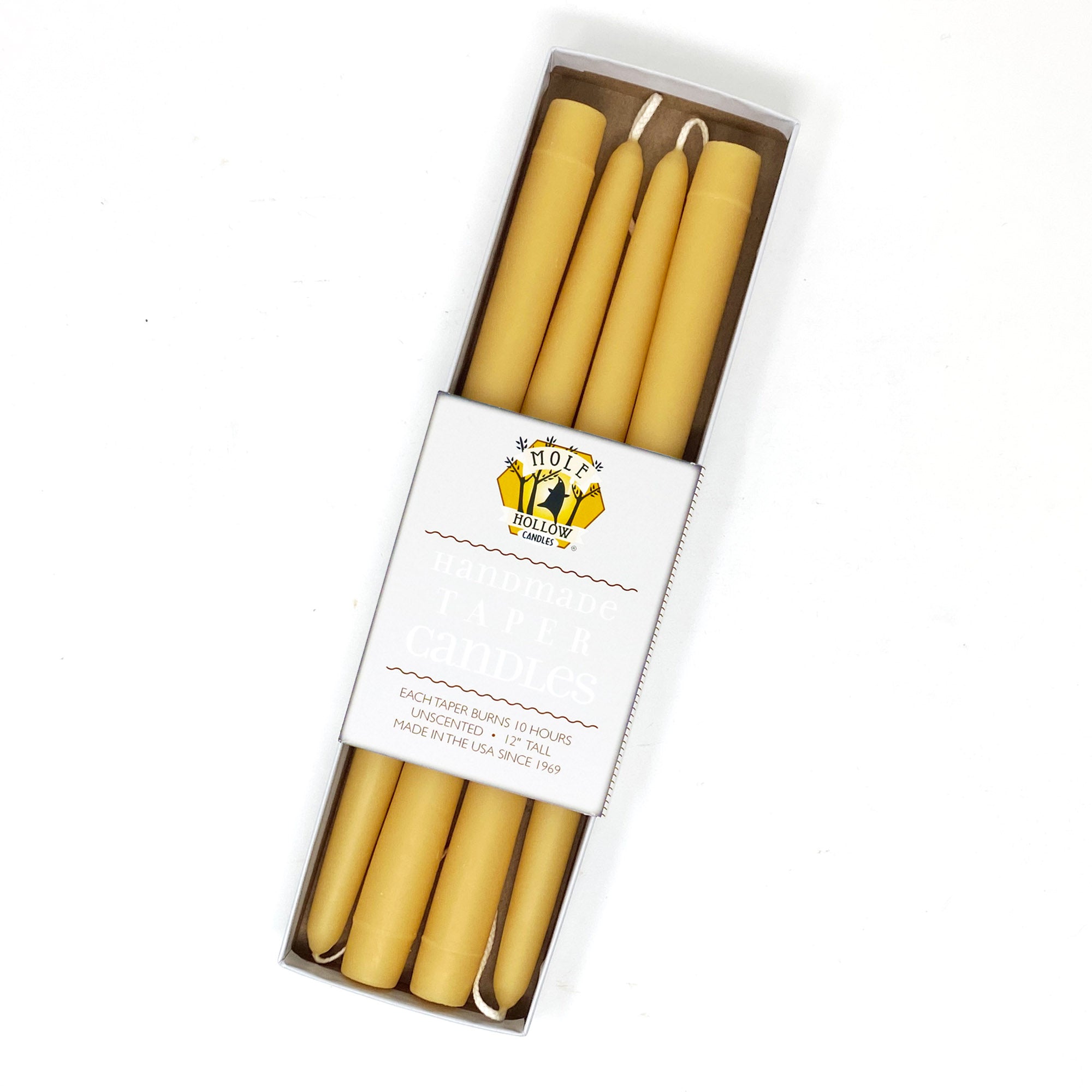 12" Natural Beeswax Taper Candles - Set of 4 - Mole Hollow Candles